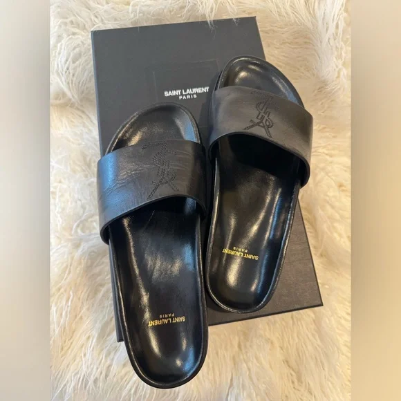 Yves Saint Laurent YSL Black Nero Leather Slides Mens Size  display picture 2